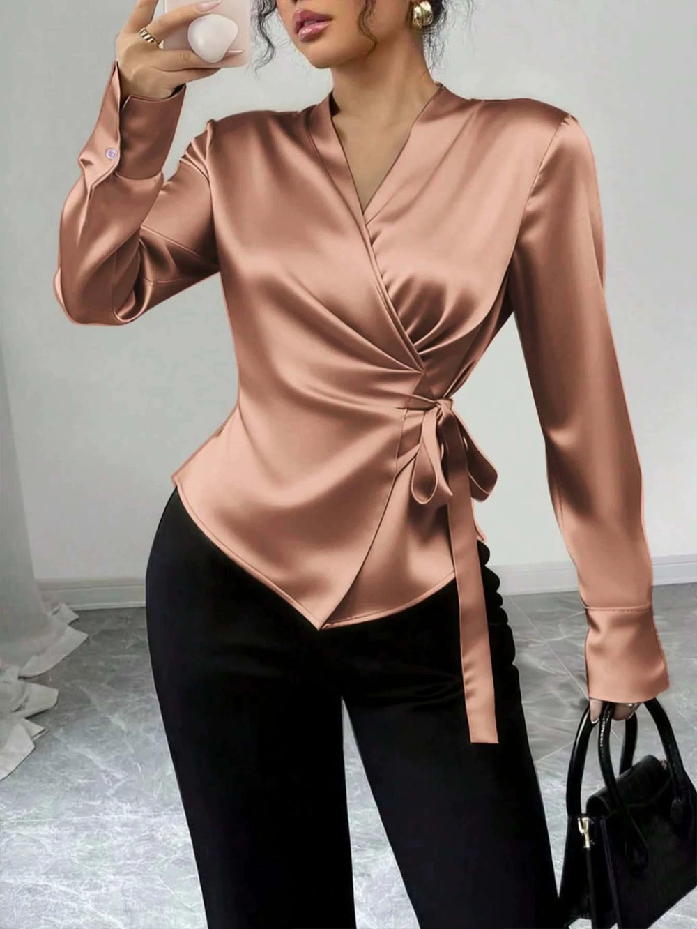 ZARA Womens Solid Satin Long Sleeve Loose Vacation Blouse